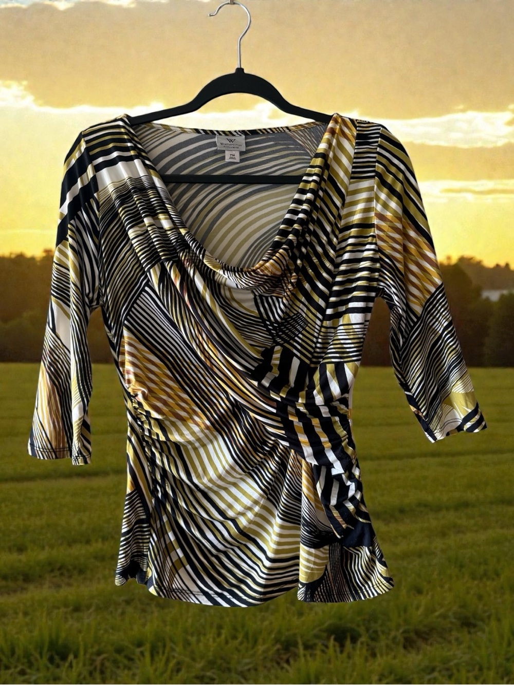 Worthington Petite Stretch Vintage Black & Yellow Abstract Stripe Drape-Neck Top